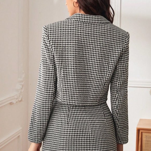 Black and White Casual Womens  Houndstooth Print Double Breasted Blazer - Picture 3 of 5